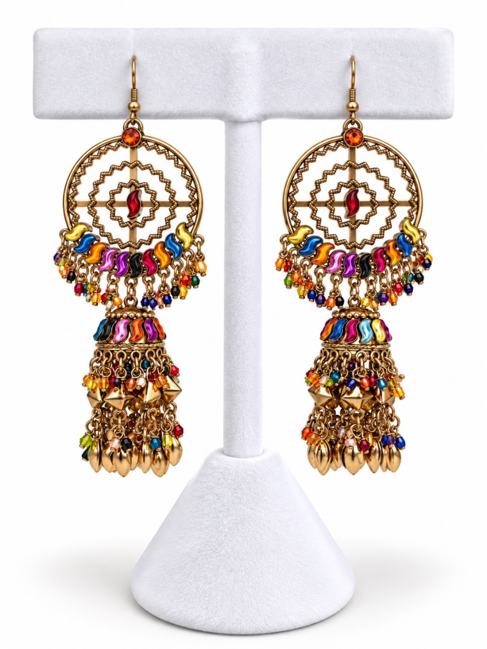 Boho Jhumka Gold-Tone Multicolor
Beaded Chandelier Dangle Earrings